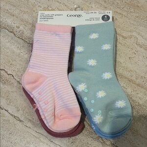 NEW 🆕 4 pairs Kids' Pink and Green Socks with Grippers 24-36 months
